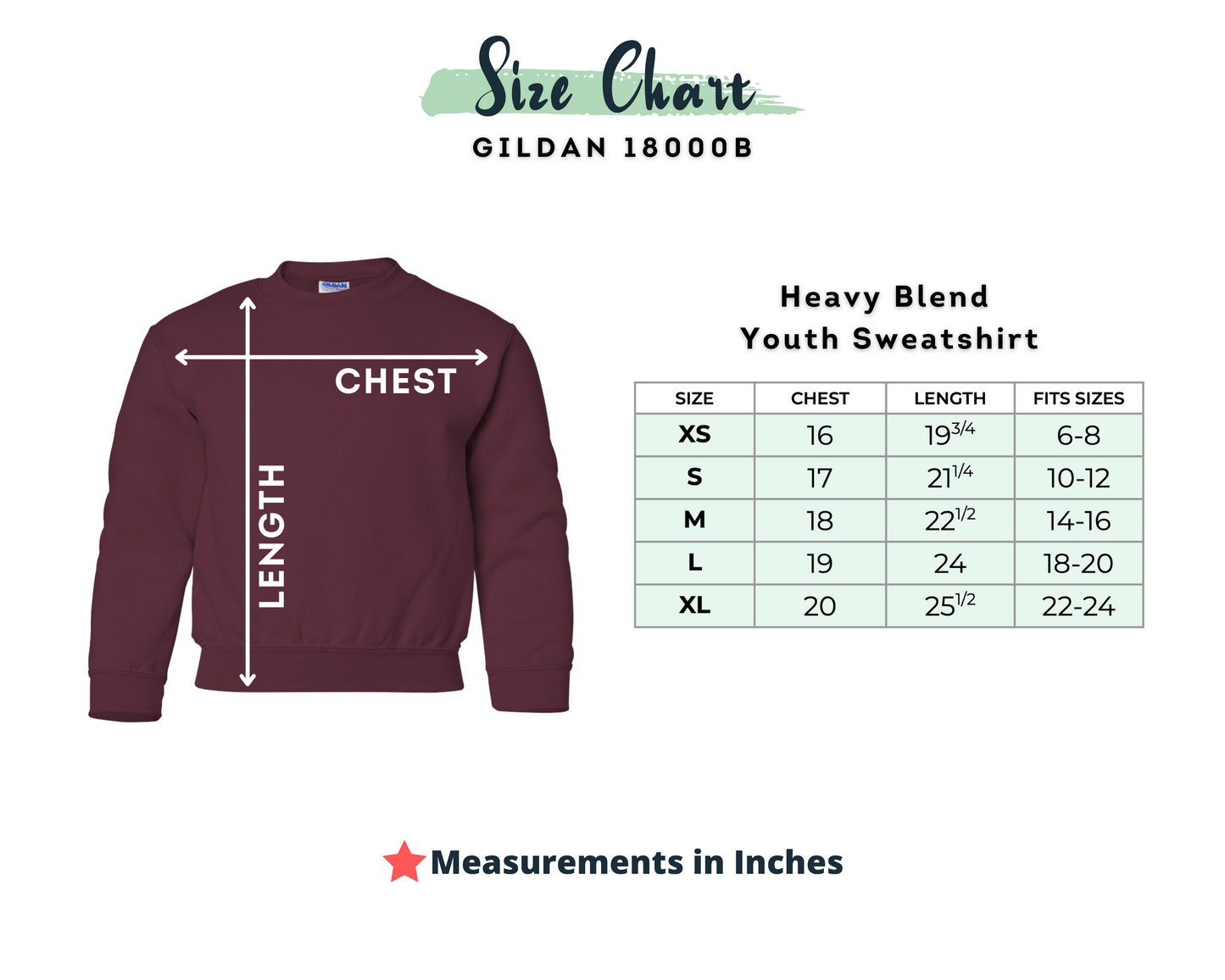 Size chart for Gildan Heavy Blend Youth Sweatshirt with a maroon sweatshirt on a white background.