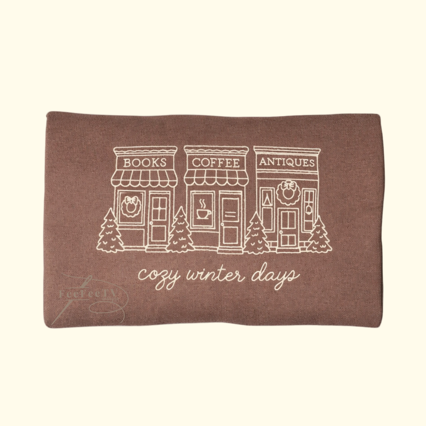 Embroidered brown sweatshirt with text cozy winter days, a book store, Coffee store. Antique store. 