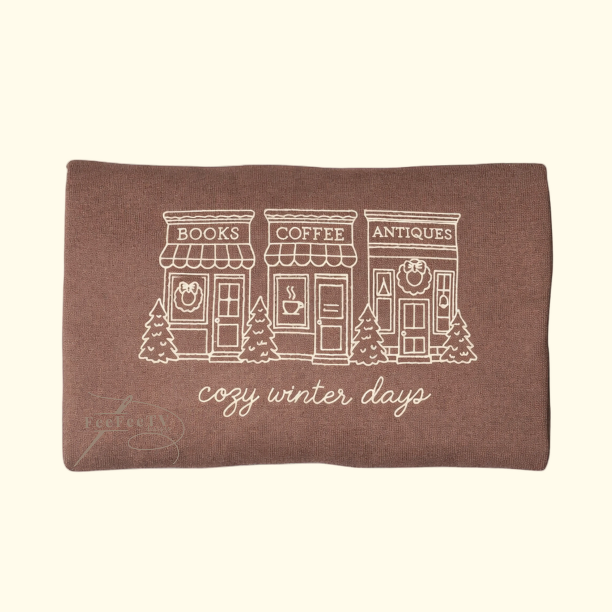 Embroidered brown sweatshirt with text cozy winter days, a book store, Coffee store. Antique store. 