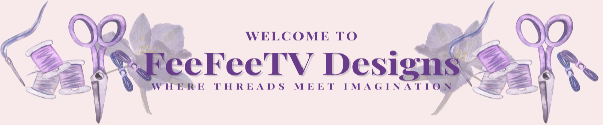 Logo for FeeFeeTV Designs with sewing-related graphics on a purple background