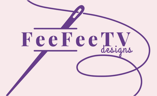Logo of FeeFeeTV designs with a purple needle and thread on a white background