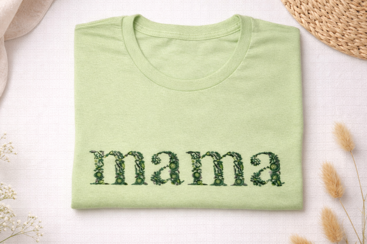 Embroidered Light green t-shirt with 'mama' text on a white surface with decorative elements.