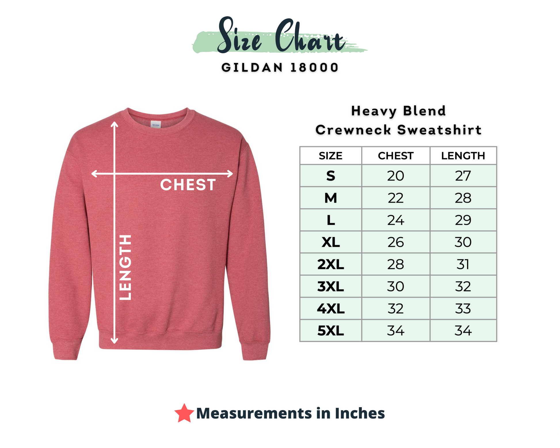 Gildan 18000 Heavy Blend Crewneck Sweatshirt size chart with a red sweatshirt on a white background.