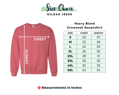 Gildan 18000 Heavy Blend Crewneck Sweatshirt size chart with a red sweatshirt on a white background.