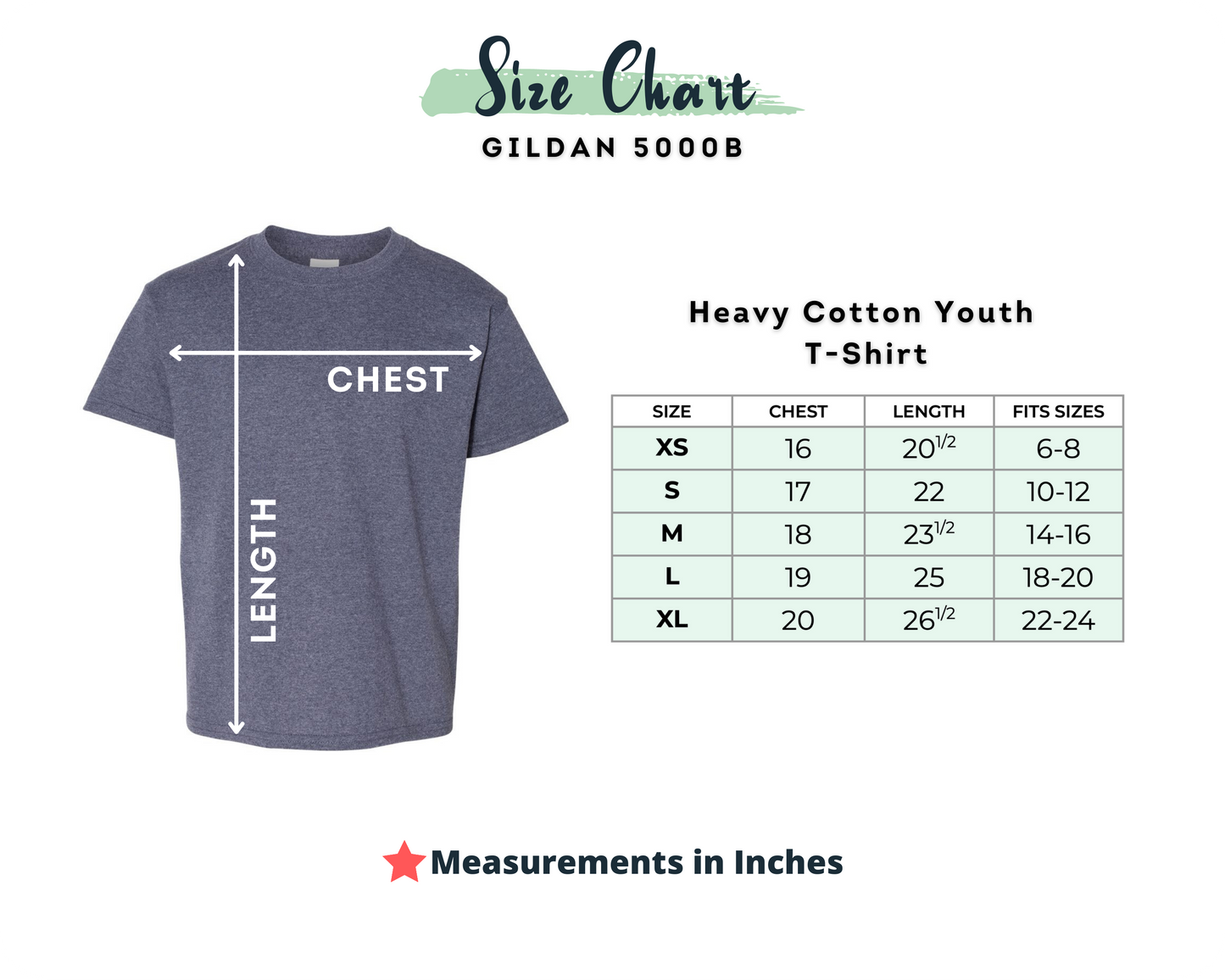 Gildan 5000B Heavy Cotton Youth T-Shirt size chart with a gray t-shirt illustration.