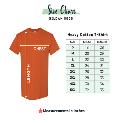 Gildan 5000 t-shirt size chart with measurements in inches