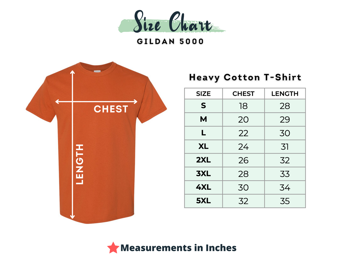 Gildan 5000 t-shirt size chart with measurements in inches