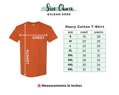 Gildan 5000 t-shirt size chart with measurements in inches