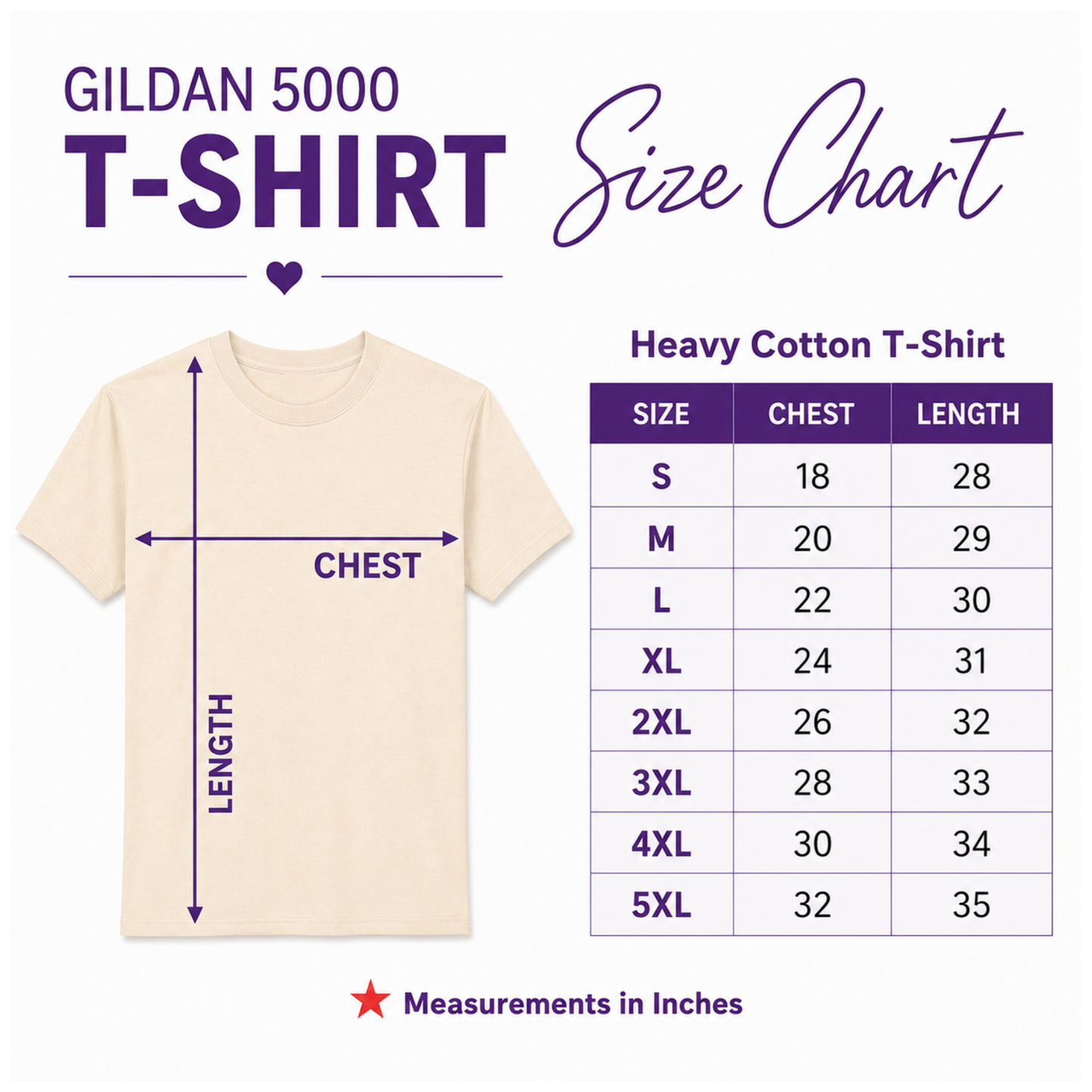 Size chart graphic for a Gildan 5000 T-shirt, showing a light beige t-shirt with purple measurement arrows indicating chest and length, alongside a size table for heavy cotton t-shirts from S to 5XL.
