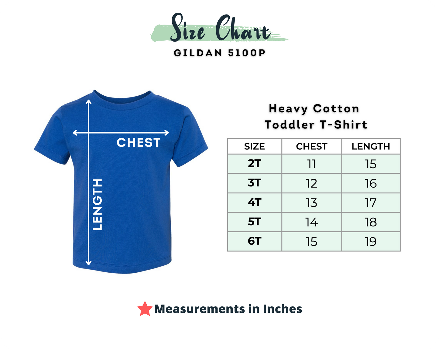 Blue t-shirt with size chart for Gildan 5100P Heavy Cotton Toddler T-Shirts on a white background