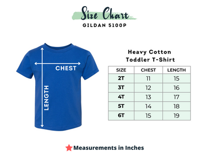 Blue t-shirt with size chart for Gildan 5100P Heavy Cotton Toddler T-Shirts on a white background