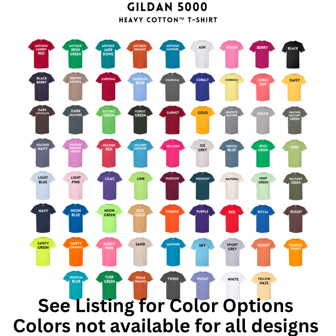 Gildan 5000 t-shirt color chart with various colors displayed.