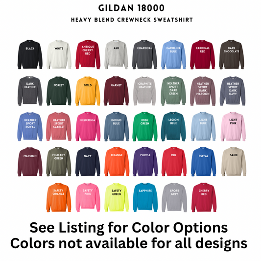Gildan 18000 Heavy Blend Crewneck Sweatshirt color chart with various colors.