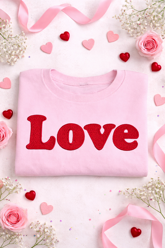 embroidered Pink t-shirt with 'Love' design surrounded by flowers and hearts on a light background