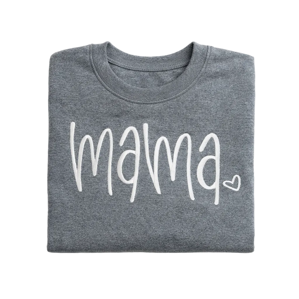 Folded gray sweatshirt with 'mama' printed on it against a white background