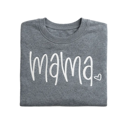 Folded gray sweatshirt with 'mama' printed on it against a white background
