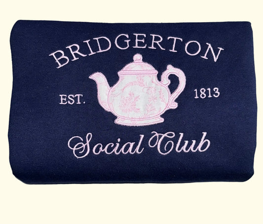 Navy blue sweatshirt regency romance inspired featuring a pink chinoiserie teapot.