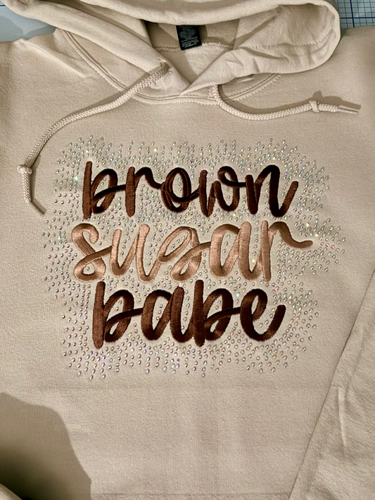 Beige hoodie with brown sugar babe and bling rhinestones 