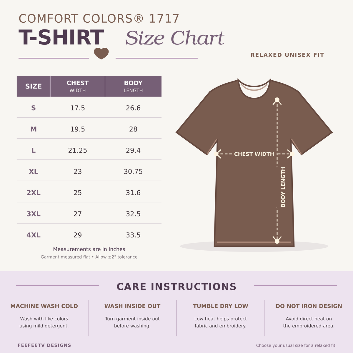 A Comfort Colors size chart and care instructions graphic for the T-Shirt style 1717. The chart shows a relaxed unisex fit with a size table from S to 4XL, chest width, and body length measurements in inches, alongside a brown T-shirt illustration with arrows marking chest width and body length.