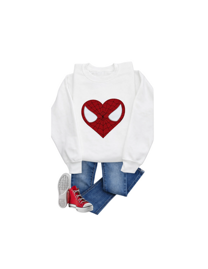 kids embroidered sweatshirt red web heart design, blue jeans, and red sneakers