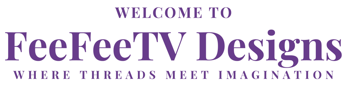 A digital graphic banner with a white background featuring purple text that reads 'WELCOME TO FeeFeeTV Designs WHERE THREADS MEET IMAGINATION'.