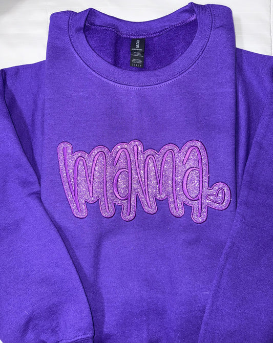 Purple sweatshirt with 'mama' embroidery text with glitter htv