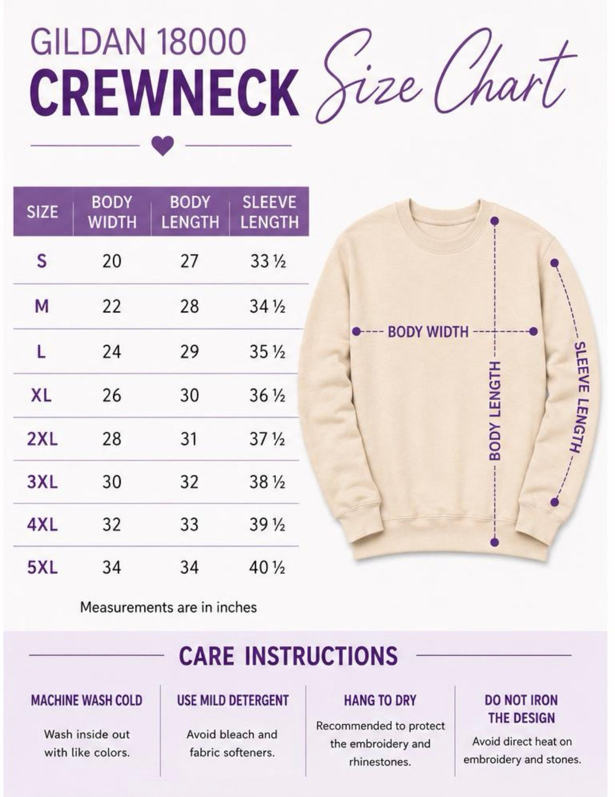 A size chart and care instructions graphic for the Gildan 18000 Crewneck sweatshirt. The chart shows a size table from S to 5XL with body width, body length, and sleeve length measurements in inches, alongside a beige crewneck sweatshirt with purple dotted lines indicating body width, body length, and sleeve length.