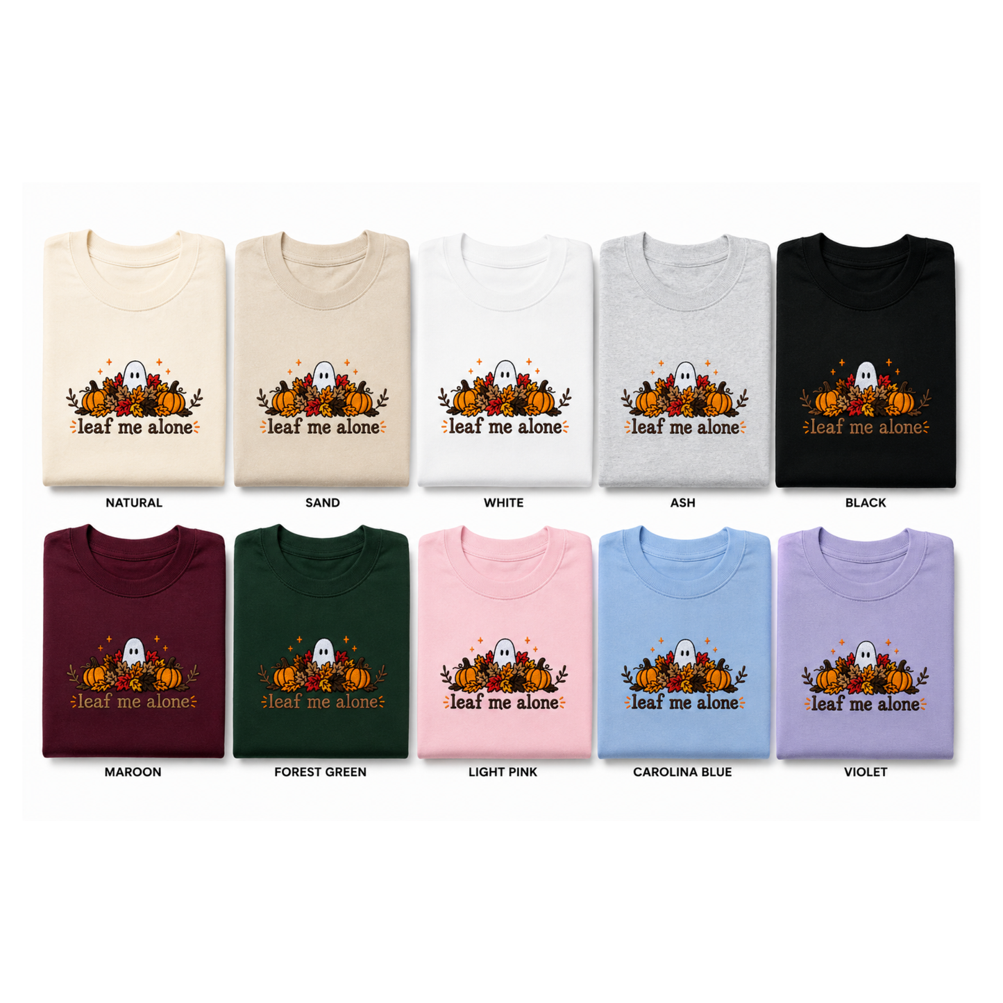 A grid of folded T-shirts showing the same embroidery in multiple color options. The image features pumpkins, ghosts, leaves, and the text 'leaf me alone".