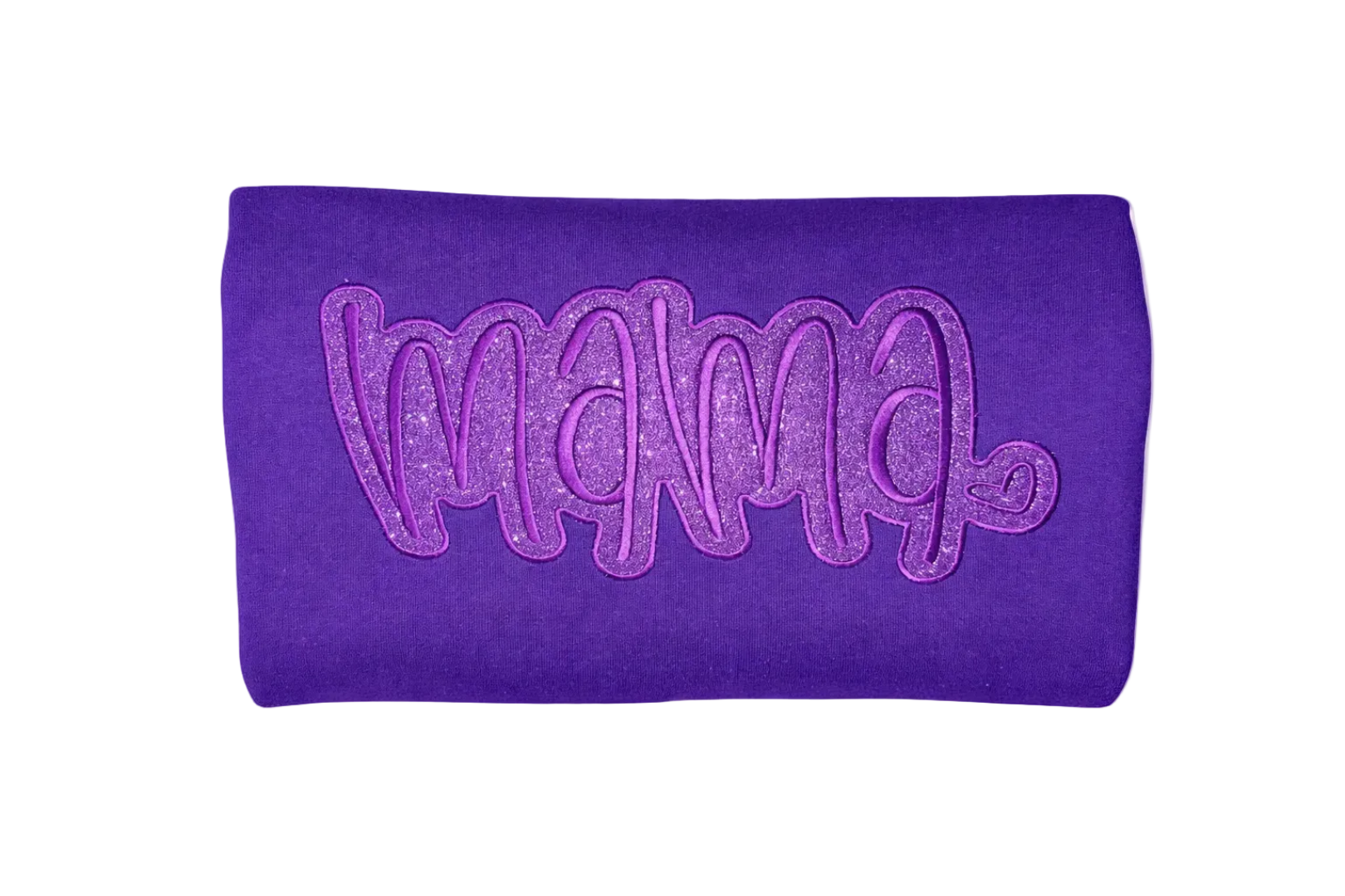 embroidered Purple sweatshirt with purple 'mama' text with glitter background