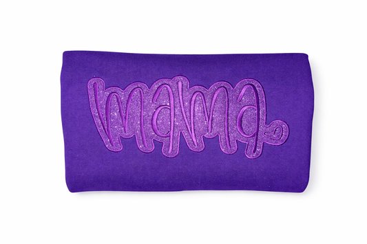 embroidered Purple sweatshirt with purple 'mama' text with glitter background