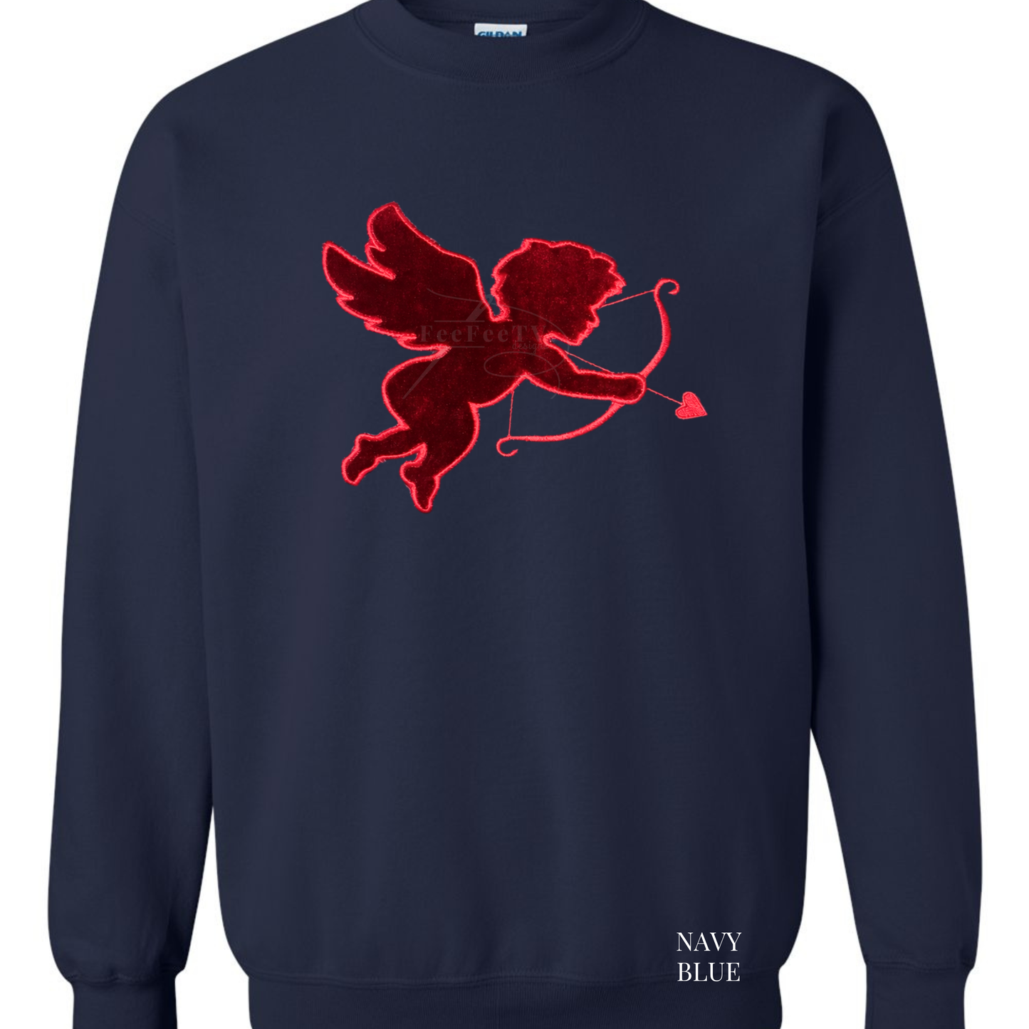 Navy blue sweatshirt with red cupid graphic on a white background