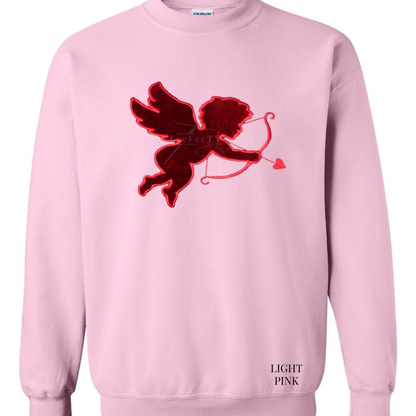 Light pink sweatshirt with velvet red cupid on a white background
