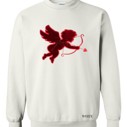 White sweatshirt with red cupid embroidery on a white background