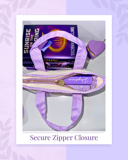 Purple tote bag with a secure zipper closure on a light purple background
